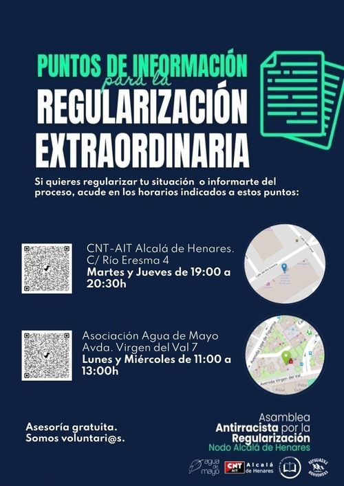 Punto de información para la regularización extraordinaria. Martes y jueves de 19:00 a 20:30 en CTN-AIT Alcalá, Calle Rio Eresma 4